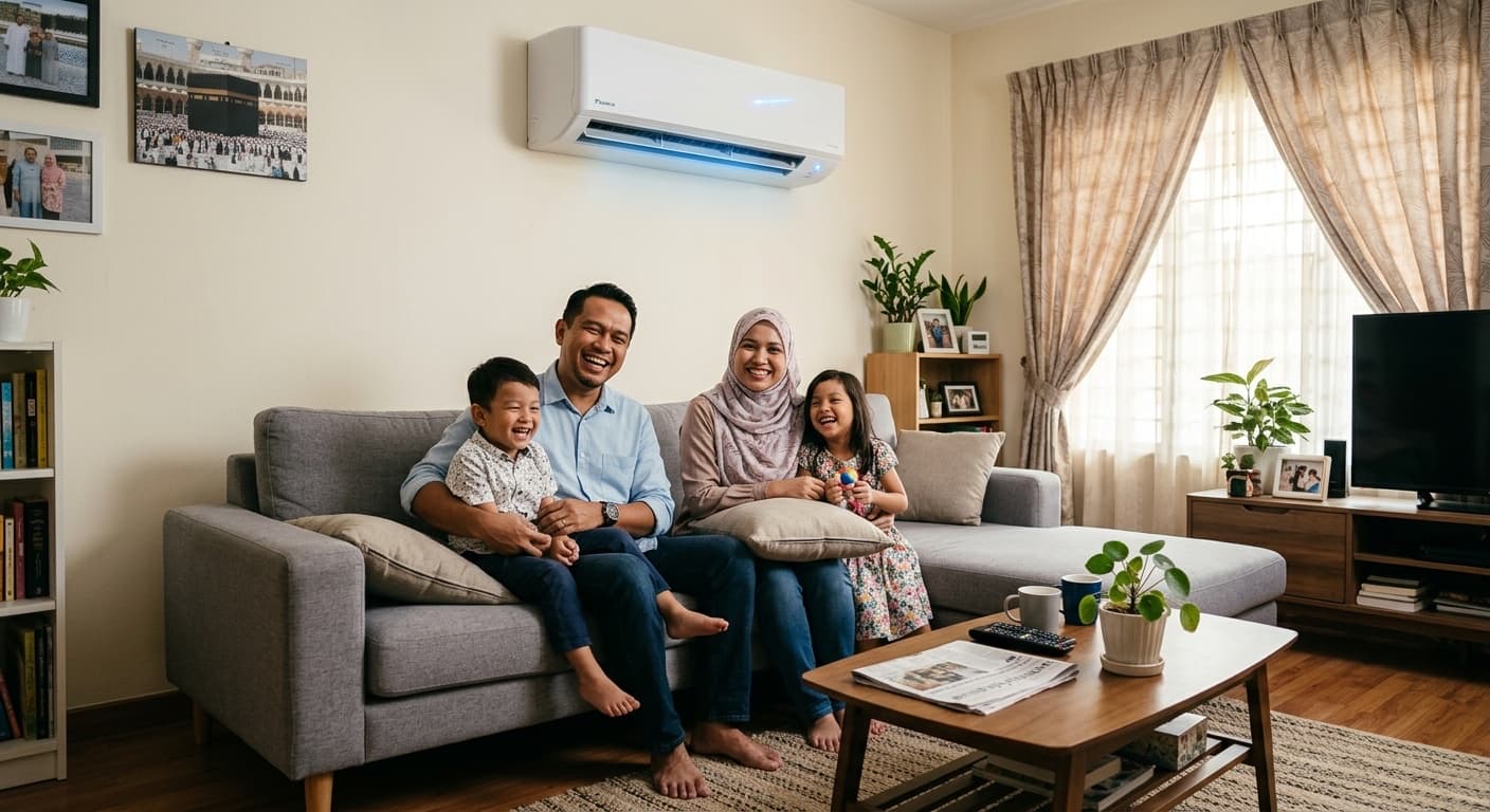Keluarga gembira menikmati kesejukan aircond Hisense di ruang tamu rumah
