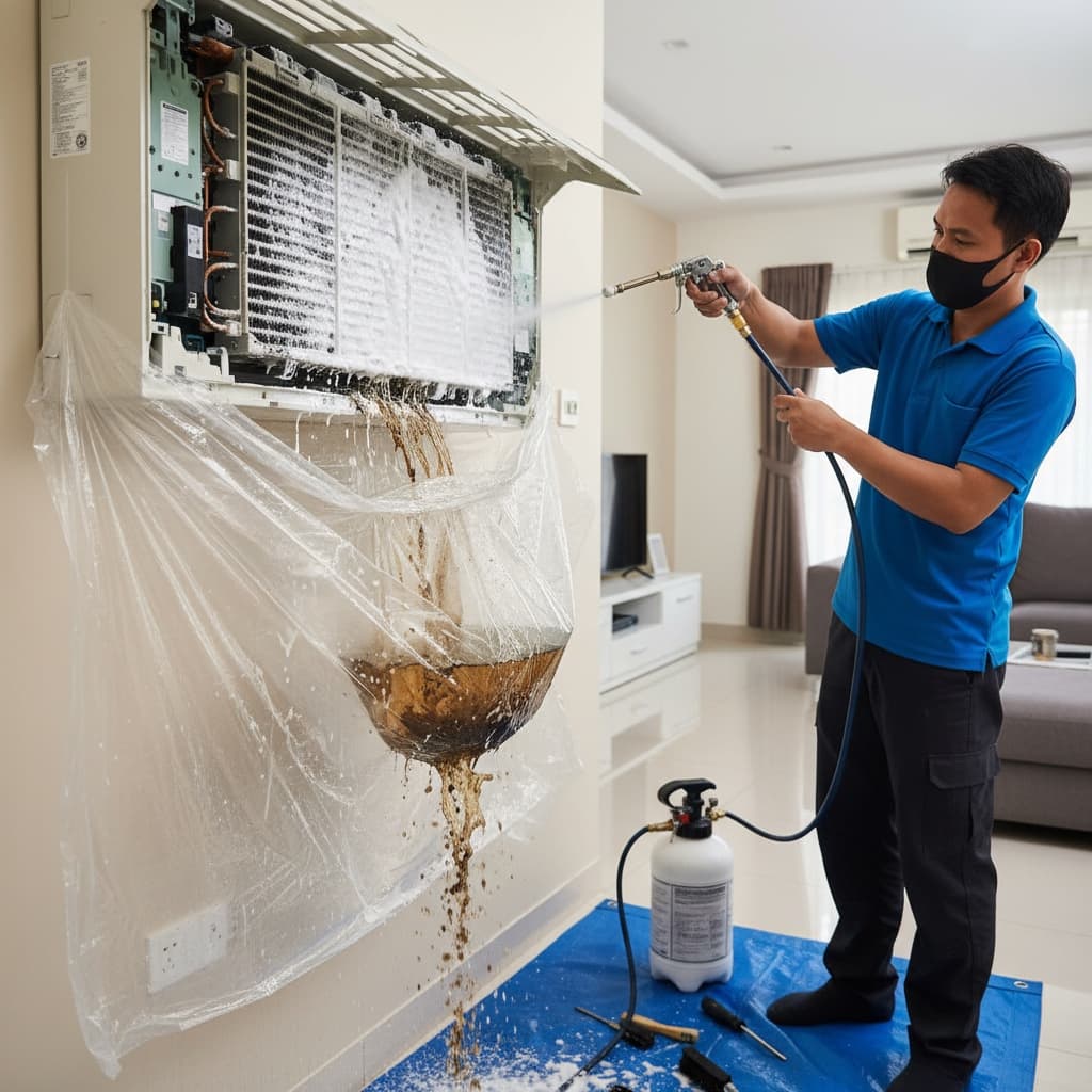 Proses chemical wash aircond Hisense dengan coil dibersihkan sepenuhnya