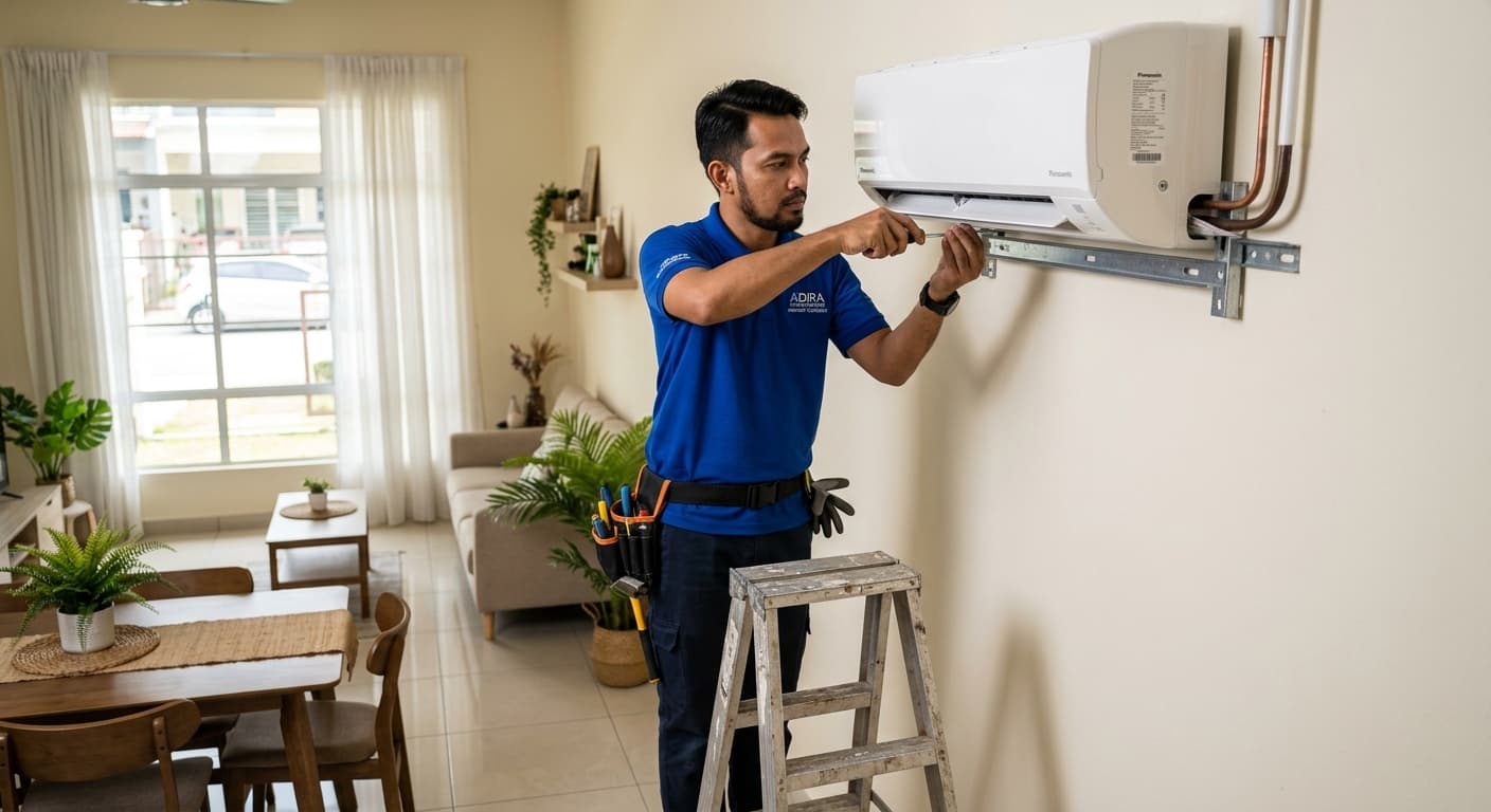 Juruteknik memasang unit dalaman aircond Hisense pada dinding rumah