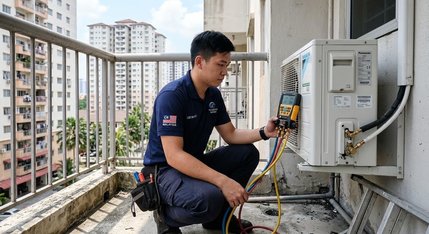 Juruteknik menyervis unit luar aircond Hisense semasa kerja upgrade