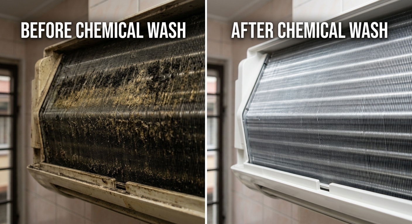 Perbandingan coil aircond Hisense sebelum dan selepas chemical wash